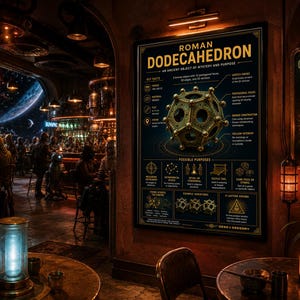 Pode incluir: Um cartaz informativo preto intitulado Roman Dodecahedron apresentando uma ilustração central de um dodecaedro de bronze com doze faces pentagonais e botões nos vértices, rodeado por texto e ícones detalhando sua história e possíveis usos.