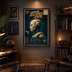May include: A rectangular wall poster titled Artificial Intelligences & Synths featuring a profile illustration of a robotic head and torso against a dark blue background with technical diagrams, small planet icons, and text labels in white and gold.