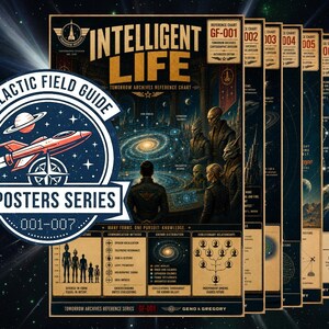 May include: A set of seven posters titled Intelligent Life Tomorrow Archives Reference Chart, featuring black and gold space-themed graphics, alien figures, galaxy illustrations, and technical data, with a circular Galactic Field Guide badge overlay.