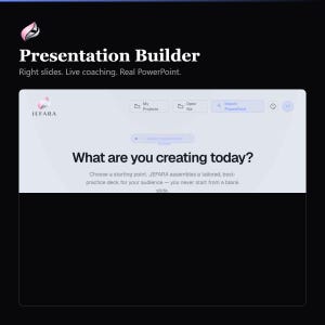 Op de afbeelding: Een digitale interface voor de JEFARA Presentation Builder software. Het scherm toont de tekst 'What are you creating today?' met opties voor My Projects, Open file en Import PowerPoint, tegen een lichtgrijze achtergrond.