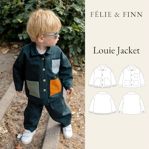 Op de afbeelding: Een donkergroen jasje met een kraag, lange mouwen en drie contrasterende zakken in lichtgroen en oranje. De voorzijde heeft goudkleurige knopen. De tekst luidt FÉLIE & FINN Louie Jacket, vergezeld van vier zwart-witte lijntekeningen.