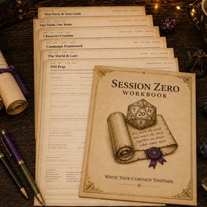 May include: A Session Zero Workbook with a tan cover featuring a 20-sided die illustration on a scroll, with the text 'Session Zero Workbook' and 'Write Your Campaign Together.' Includes several interior pages with headings like DM Prep and Character Creation.