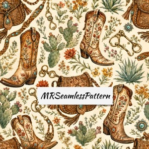 May include: A seamless pattern featuring tan cowboy boots with floral embroidery, brown leather bags with tassels, green cacti, and gold-toned horse bits on a cream background. The text MRSeamlessPattern is centred in the middle of the image.