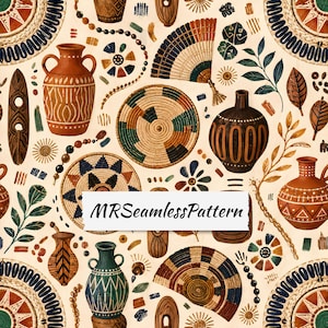 May include: A seamless pattern featuring terracotta vases, woven baskets, folding fans, wooden carvings, and beaded strings on a cream background. The text MRSeamlessPattern is printed in black on a white rectangular label in the center.