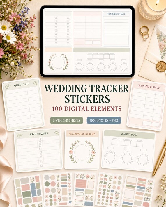 Wedding Tracker Stickers: Guest List, Budget, Vendors (Digital Download)
