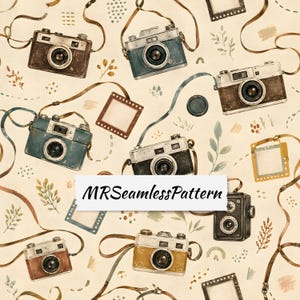 May include: A seamless pattern featuring vintage cameras in various colors including brown, blue, black, and yellow, interspersed with film strips, camera lenses, and small botanical illustrations on a cream background with the text MRSeamlessPattern.