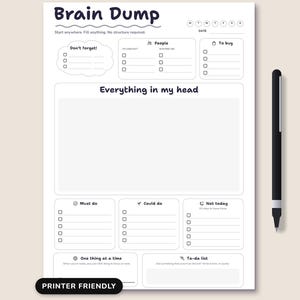 以下が含まれることがあります： Brain Dumpというタイトルの白い紙のプランナーページ。タスク、買い物リスト、メモ用のセクションがあります。チェックボックス、Everything in my headと書かれた大きな空白エリア、そして右側に垂直に配置された黒いペンが含まれています。