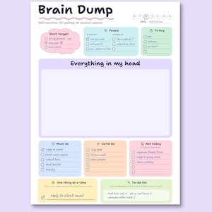 Op de afbeelding: Een Brain Dump plannerpagina met een witte achtergrond en pastelkleurige secties. Het bevat koppen zoals Don't forget, People, To buy, Everything in my head, Must do, Could do, Not today, One thing at a time en Ta-da list.