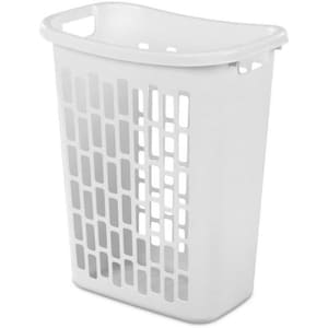 May include: A tall, white plastic laundry hamper featuring a rectangular shape with rounded corners. The sides and front display a repeating pattern of vertical, oblong cutouts for ventilation, and the top rim includes integrated handles.