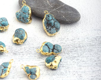 Raw Turquoise Double Bail Petite Freeform Pendant with Electroplated 24k Gold Edge S87B12-12