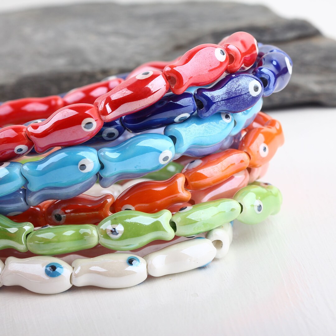 3 Ceramic Fish Beads, Ceramic Evil Eye Beads, Fish Beads, Handmade