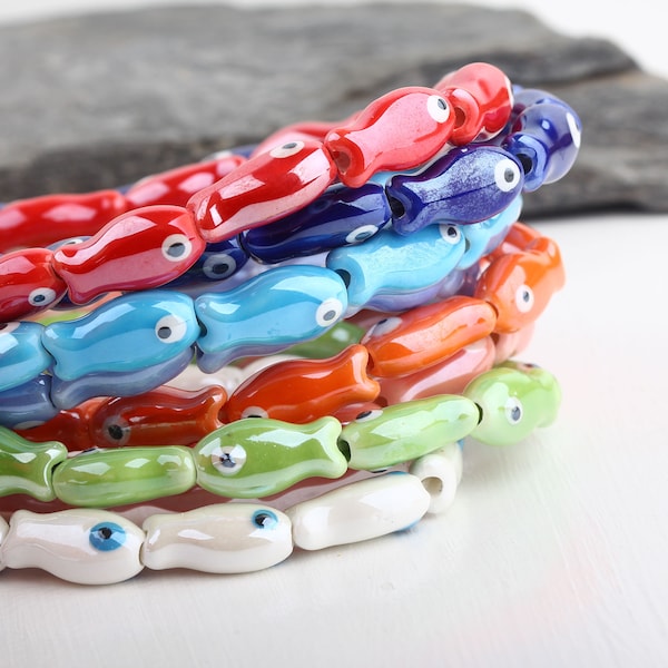 3 Ceramic Fish Beads, Ceramic Evil Eye Beads, Fish Beads, Handmade Ceramic Beads // BD-158