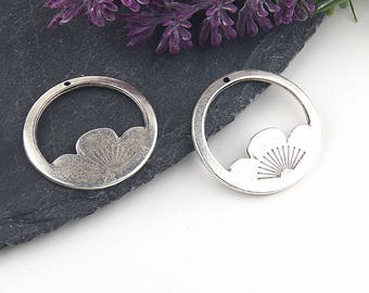 Silver, Round Lotus Flower Cut Out Ring Pendant, 2 pieces // SP-311