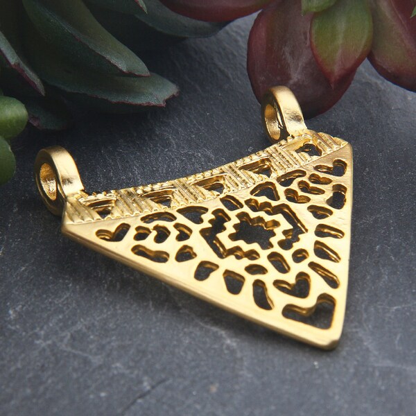 1 Gold Fretwork Tribal Cut-out Pattern Pendant, Tribal Triangle Pendant, Jewelry Supplies, 39x46mm // GP-638