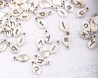 Pewter Alphabet Charms, Mini Letter Charms, Letter Initial Charms, Leaf Initial Charms, Pick Your Letter, 4 pcs // SCh-281