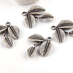 Antique Silver Leaf Branch Charms, 27mm, 4 pieces // SPCh-087