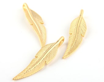 Matte Gold Plated Feather / Leaf Pendants, Small Feather Pendants, 3 pcs // GP-370