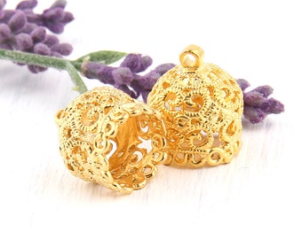 Gold Filigree Tassel Caps, Cord End Cones, Gold Cones, Gold Bead Caps, 2 pieces // GF-146