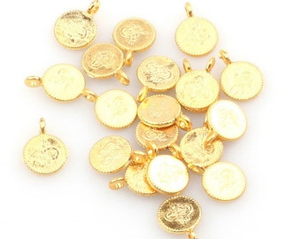 Ottoman / Turkish Tughra Coin Charms, 22k Matte Gold Plated, 20 pcs // GPCh-077