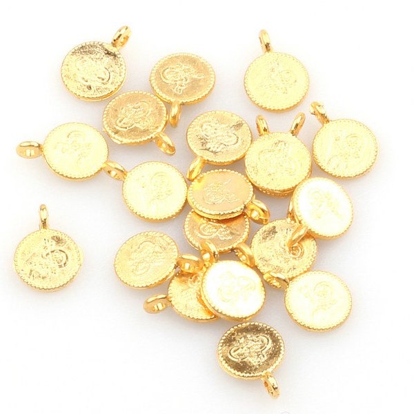 Ottoman / Turkish Tughra Coin Charms, 22k Matte Gold Plated, 20 pcs // GPCh-077