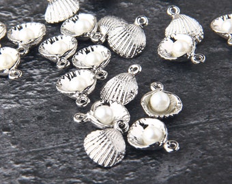 Purple Seashell With Pearl 15mm Silver Plated Enamel Charms – Xanadu Designs C6488 (Choose 5, 10, Or 20 Pcs)