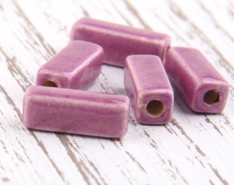 Violet, Greek Ceramic Beads, RectangularTube, Enameled, 7x17mm, 5 pcs // BD-009