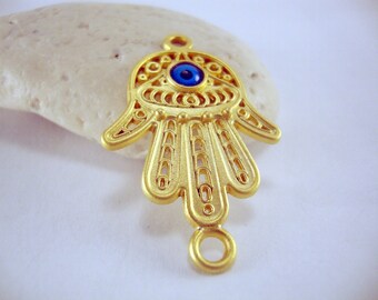 Hamsa Hand, Hand of Fatima Connector, Matte Gold Plated with Blue Evil Eye, 1 piece, GPC-085