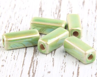 Lime Green, Greek Ceramic Beads, RectangularTube, Enameled, 7x17mm, 5 pcs // BD-009