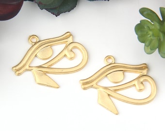 2 Gold Eye of Horus Pendants, Egyptian Eyes, Eye of Ra Charms,  29x25 mm // GP-621