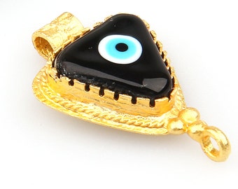 Black, Triangle Evil Eye Glass Connector, Handmade, Matte Gold Plated Backed Bezel Setting, 21mm, 1 piece // GPC-165