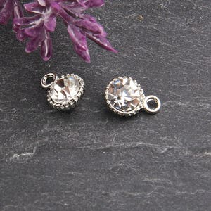 May include: Two silver-toned charms with clear, faceted crystal centers. Each charm has a decorative, beaded edge and a small loop for attachment. The charms are displayed on a dark gray, textured surface, with a sprig of purple flowers in the background.