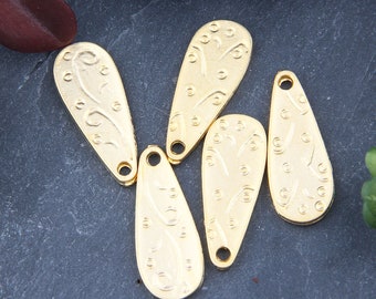 5 Gold Plated Textured Flat Teardrop Charms, Jewelry Supplies, 11x27mm // GCh-324