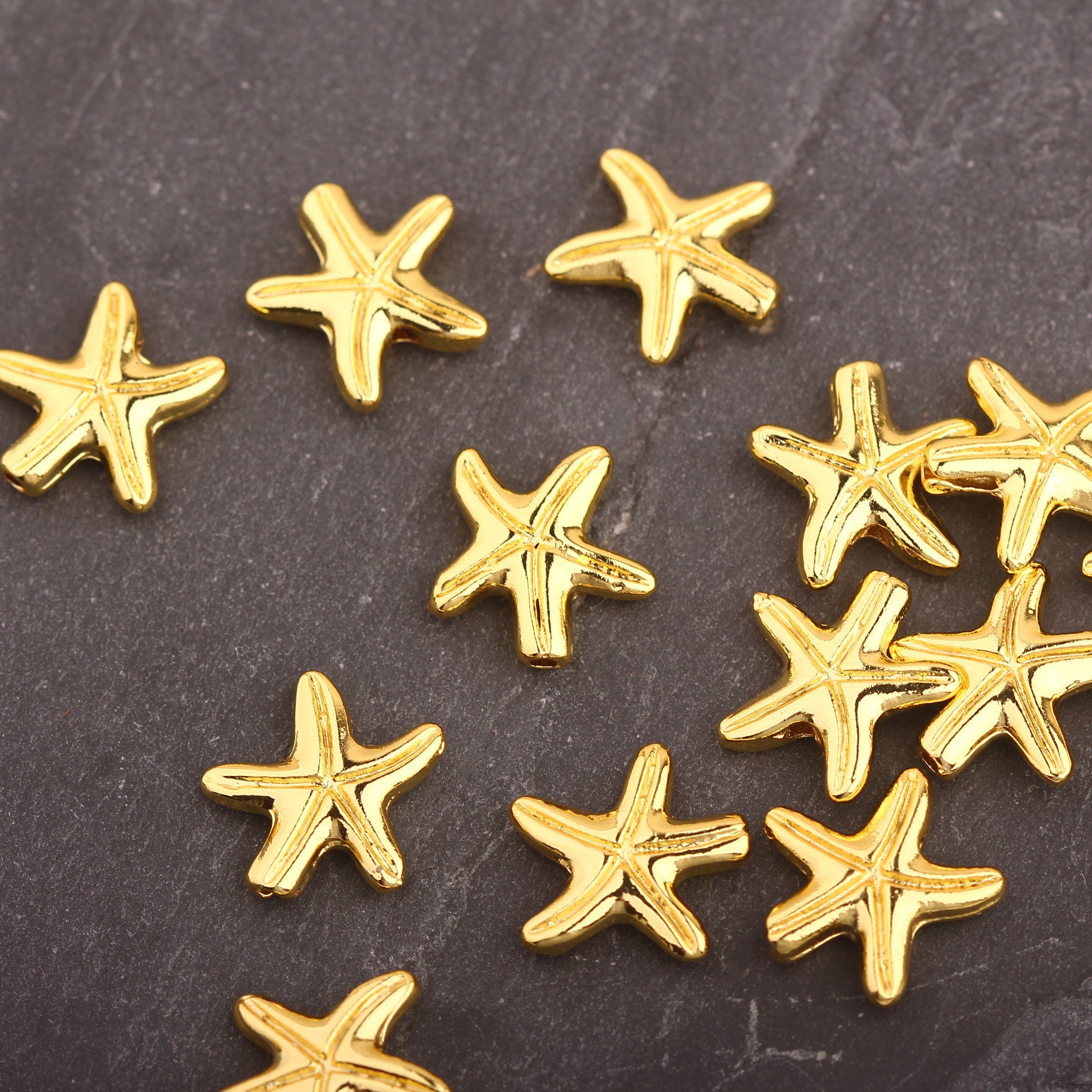 8 Gold Starfish Beads, Sea Star Beads, Sea Star Sliders