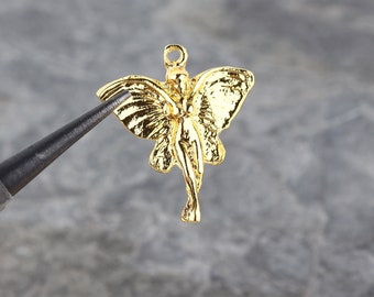 2 Butterfly Charms, Shiny Gold Angel Charms, Lady Butterfly Pendant, Angel Pendant, Butterfly Pendant // GP-785-