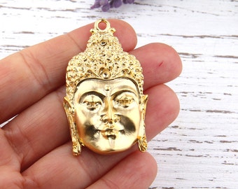 Large Buddha Face Pendant, Yoga Pendant, Meditation Jewelry, Matte Gold Plated, 1 piece // GP-477