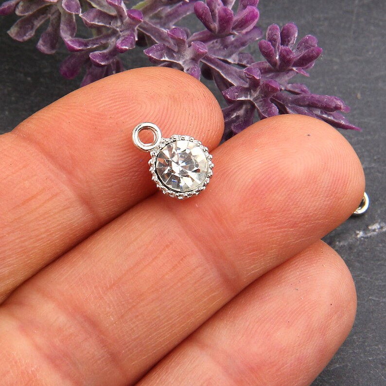 May include: A small, round, silver-colored charm with a clear, faceted crystal center. The charm has a decorative, beaded edge and a small loop at the top for attaching to jewelry. Purple flowers are in the background.