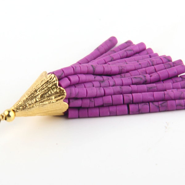 NEW LOOP ** Striking Purple, Short Afghan/Tibetan Heishi Seed Bead Tassel, Boho Tassel, 1 piece  // TAS-030