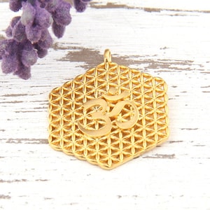 Hexagon Shaped Gold Plated OM Pendant, Yoga Pendant, Yoga Jewelry, Ohm Pendant, 1 piece // GP-460