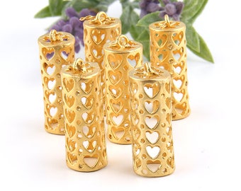Gold Plated, Long Tassel Cap, Long Cord End, Gold Cones with Heart Shapes, 6 pieces // GF-153