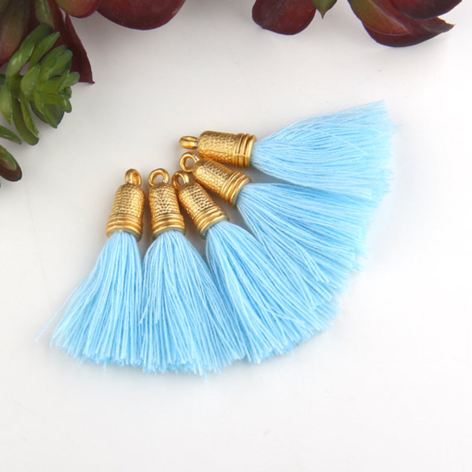 Baby Blue Mini Cotton Tassels with Mini Gold Cap Mini Boho Etsy