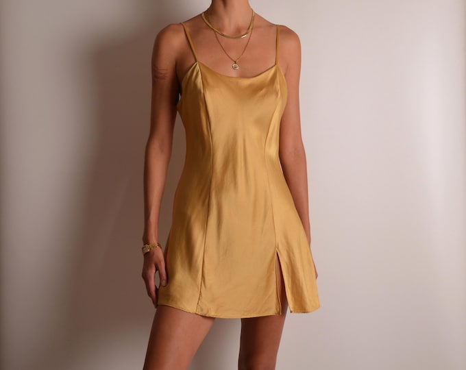 Vintage 90s Gold Silk Slip Dress (S)
