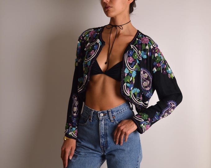 Vintage Silk Beaded Bolero (S-M)