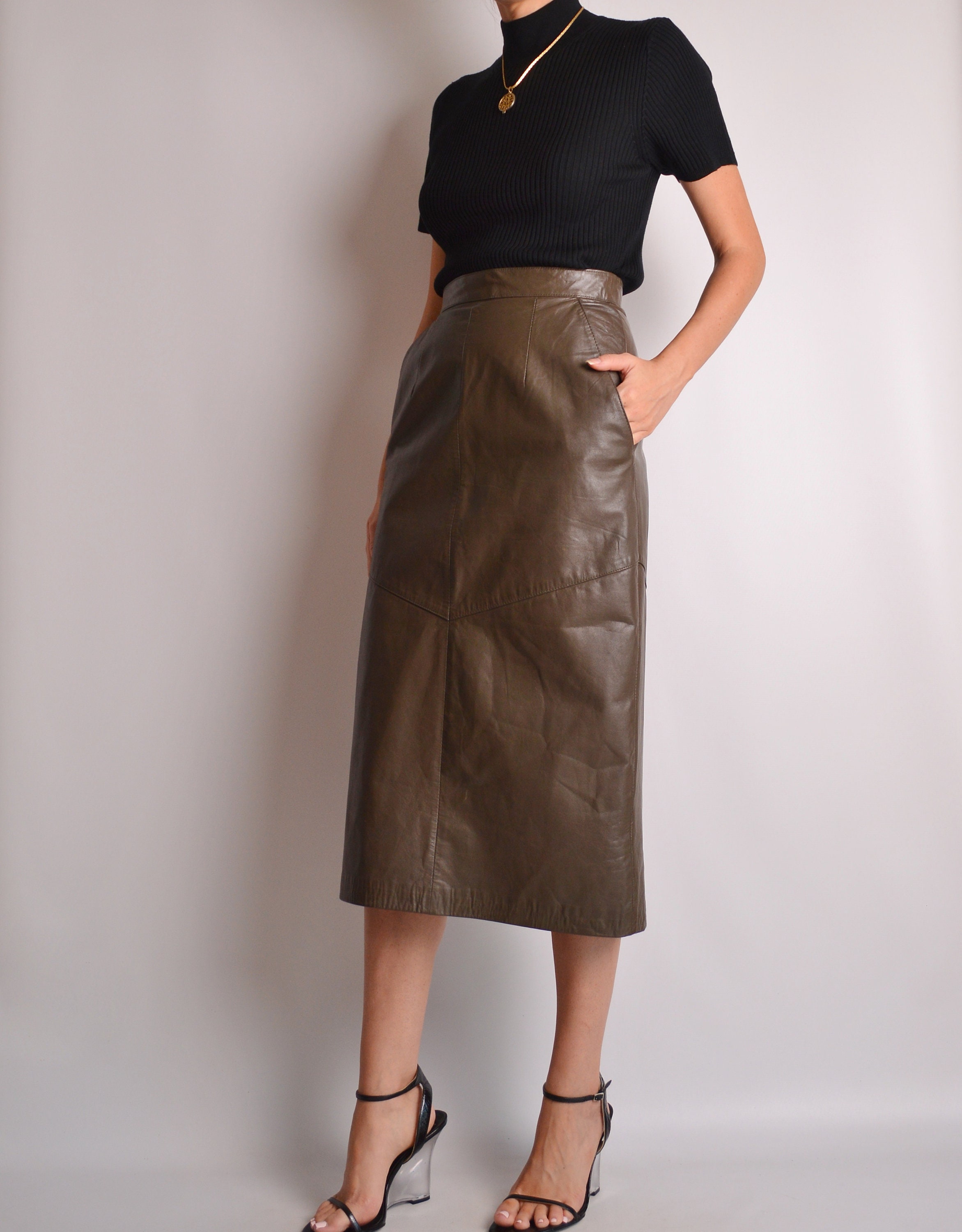 Vintage Leather Midi Skirt (25W) High Waist Pencil Skirt / minimalist