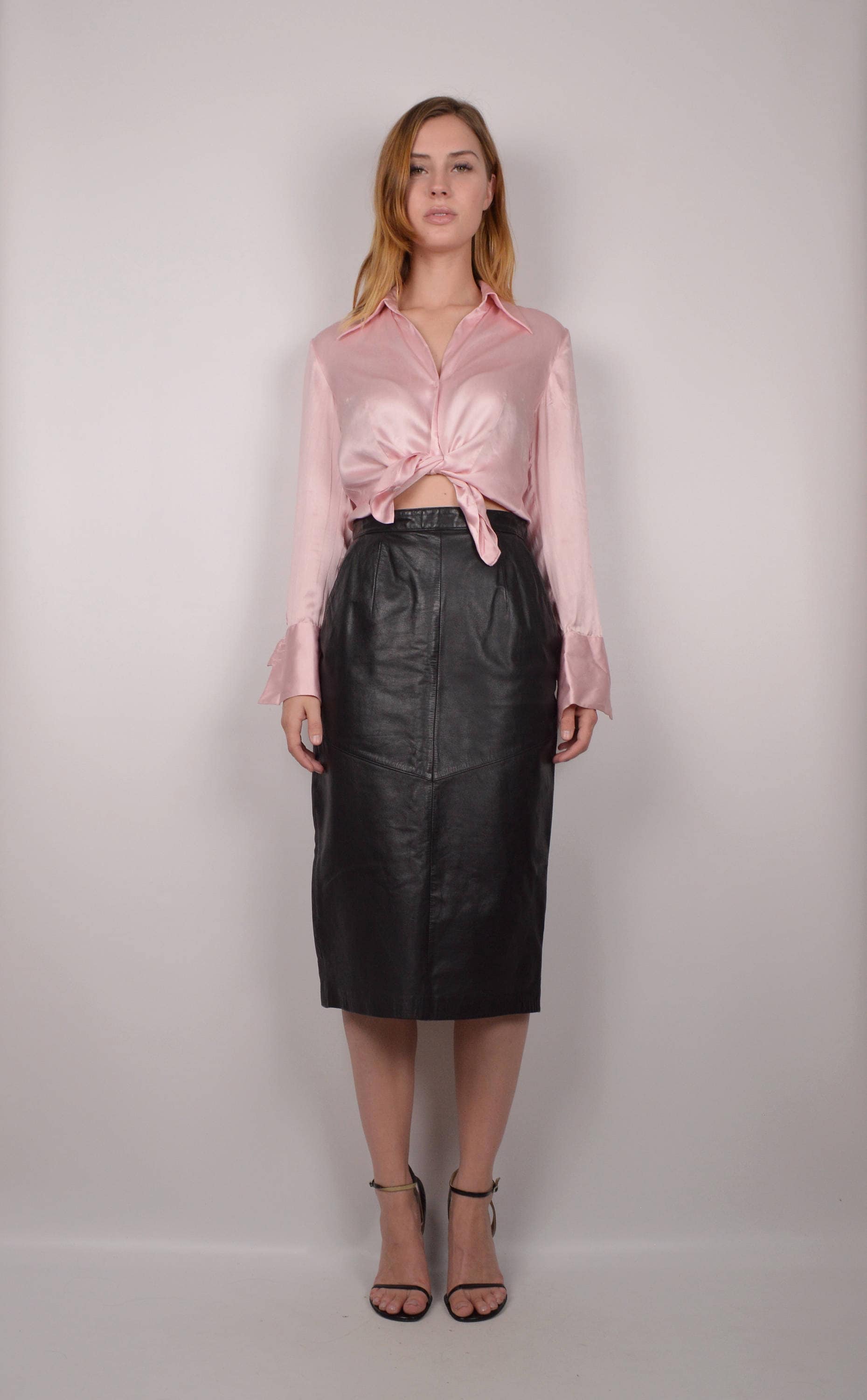 80's Leather High Waist Pencil Skirt / minimalist vintage