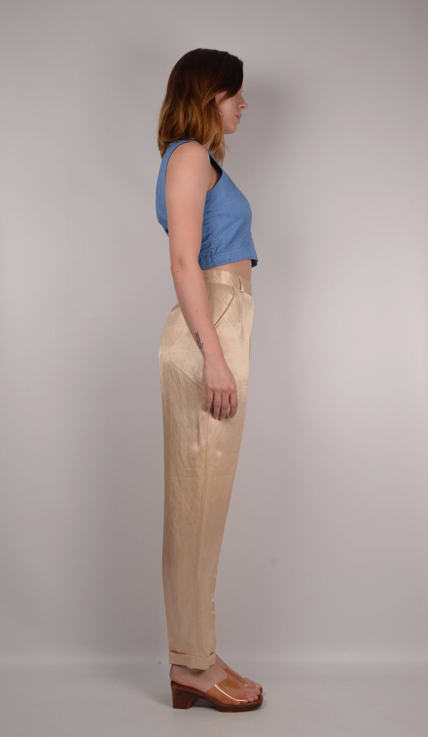 high waisted gold button trousers