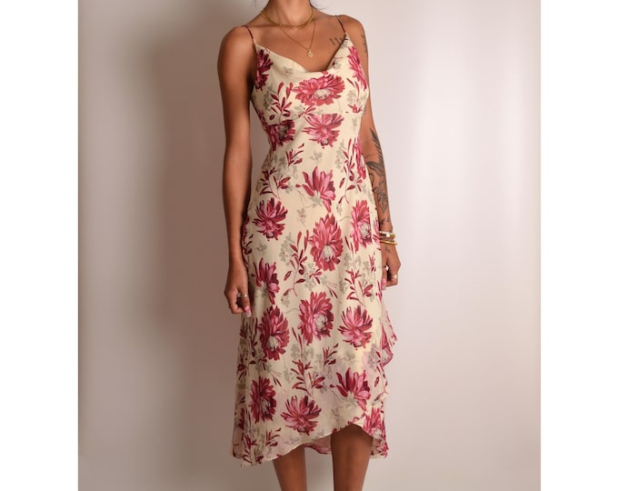 Vintage Silk Floral Midi Dress (S-M)