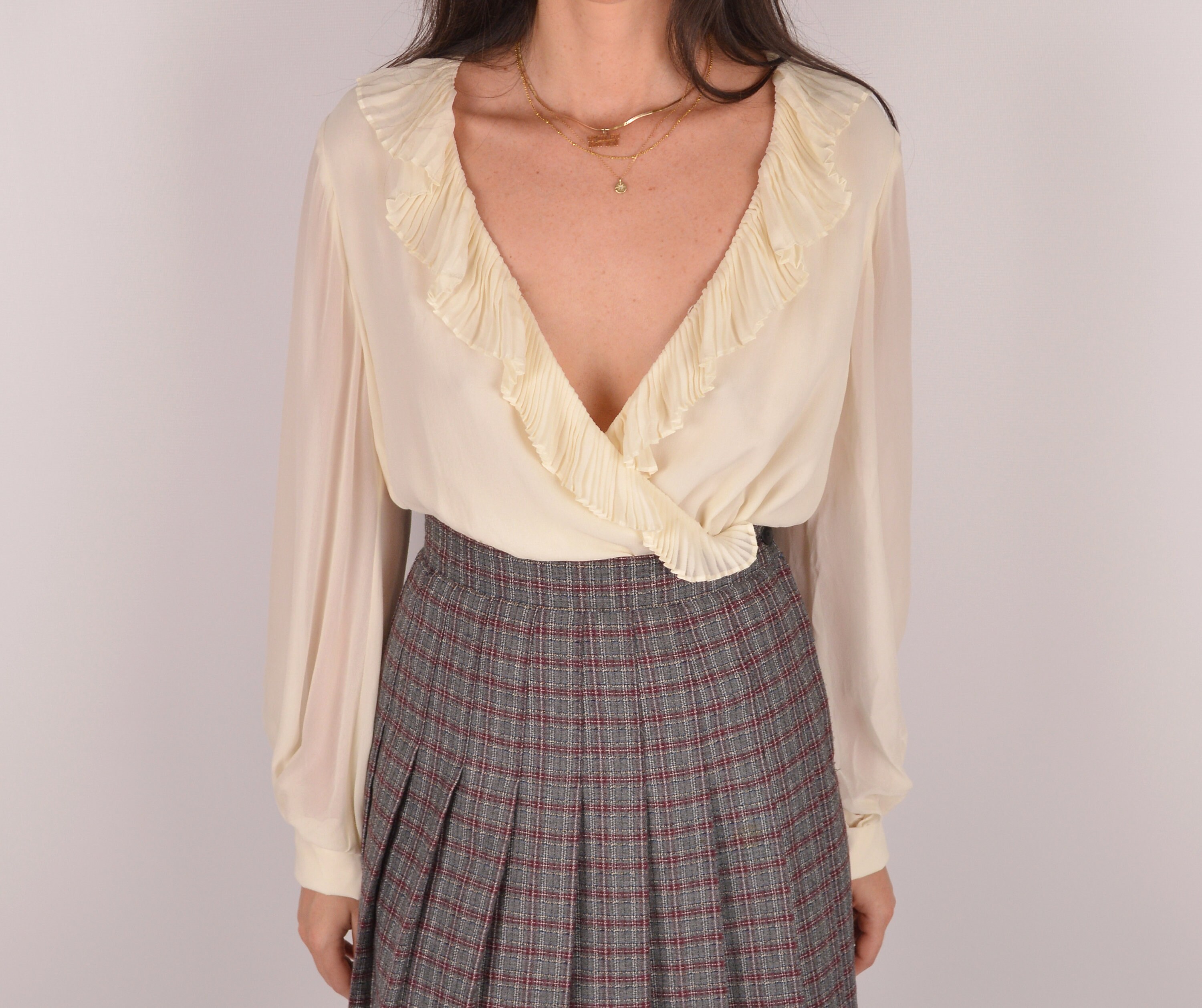 Vintage Cream SILK Ruffle Blouse / M