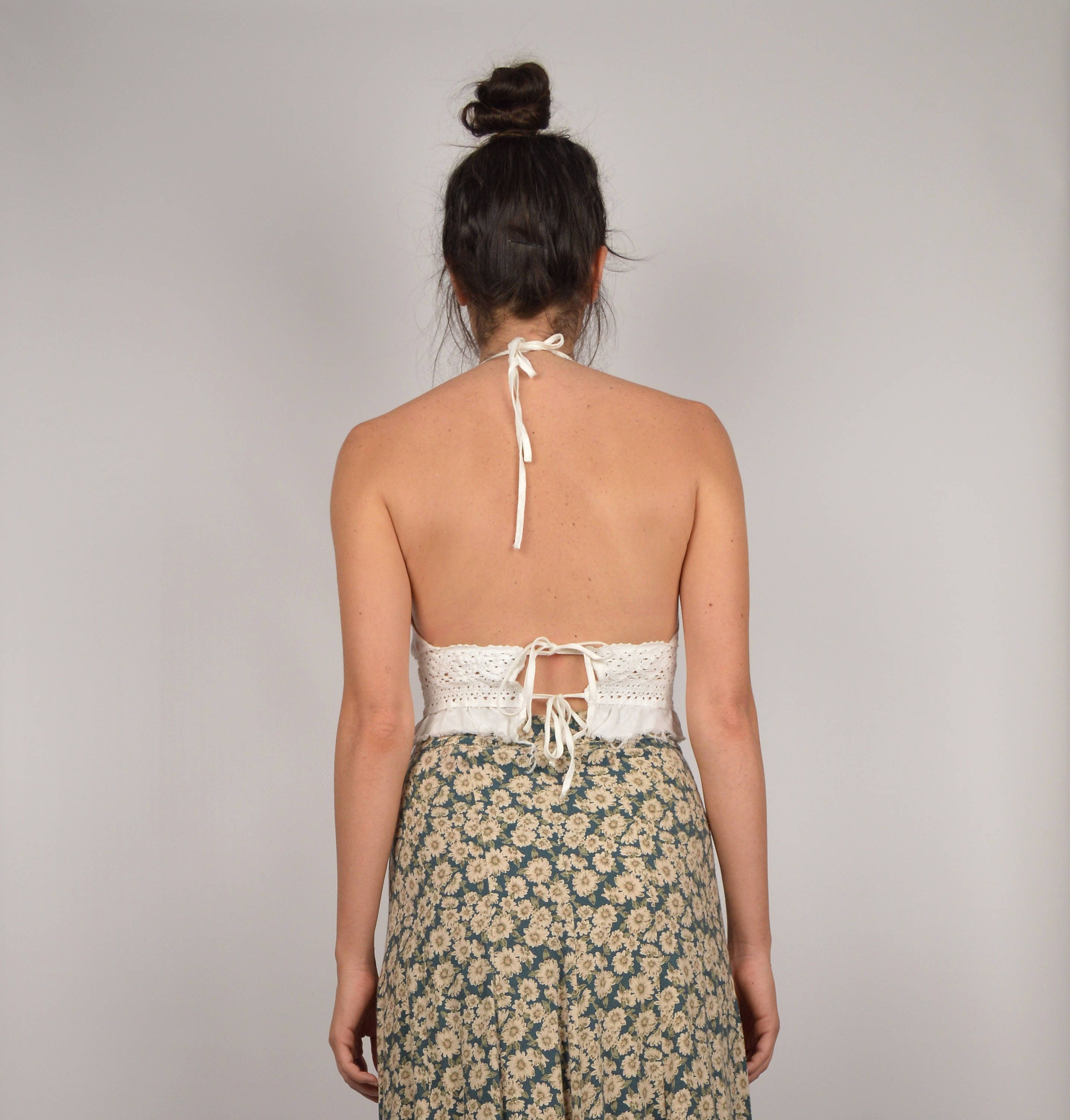 SALE Vintage Crochet Linen Halter Crop Top