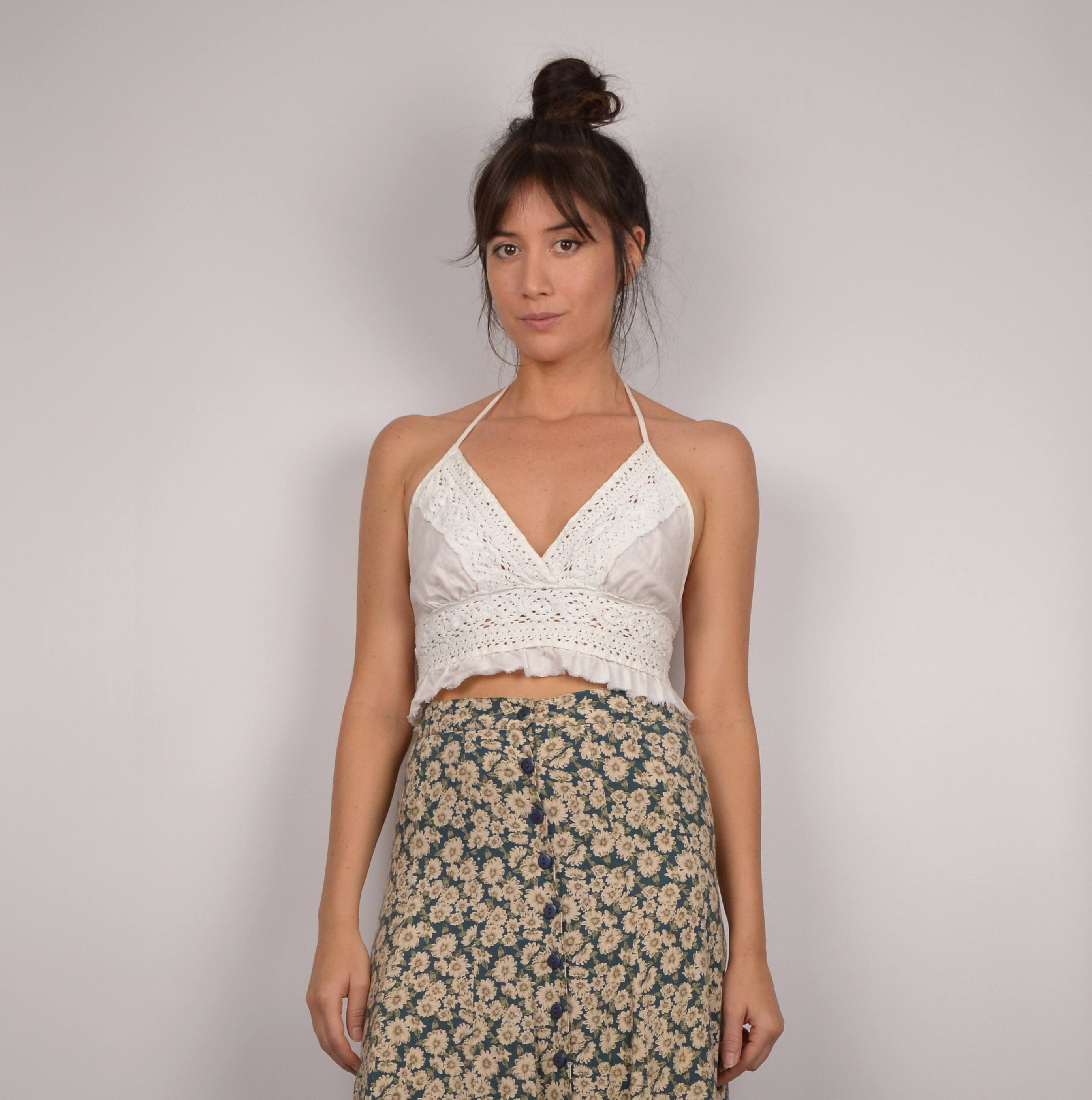 SALE Vintage Crochet Linen Halter Crop Top