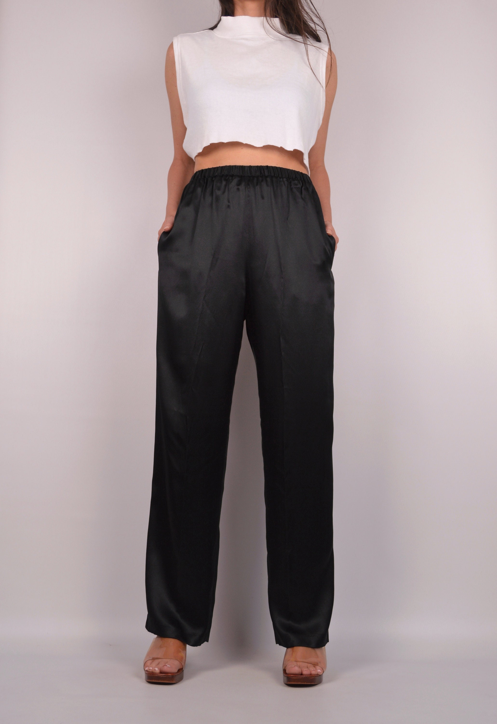 Black SILK Easy Pant / 26-28 High Waist